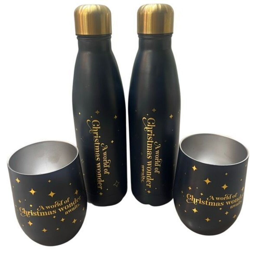 Set of 2 Enchant Christmas Insulated Stainless Water Bottle & Cup Black Gold NWT